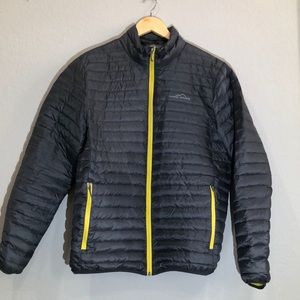 Eddie Bauer puffer dark gray with yellow liner men medium